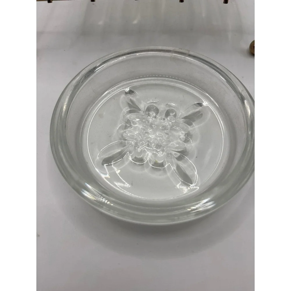 Vintage Glass Coasters Set of 6 with Brass Caddy Rack Floral Pressed Clear Glass